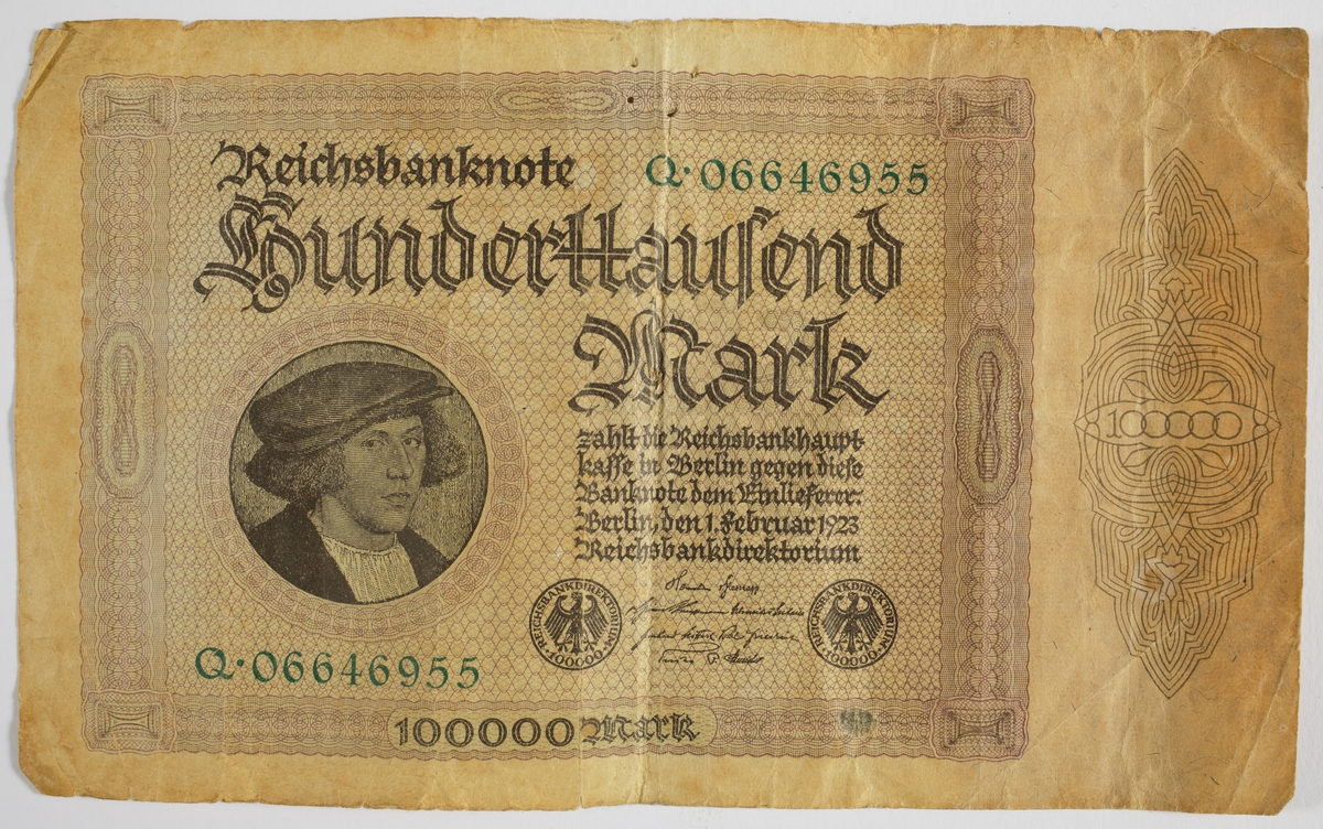 Sedel, Tyskland 1920-talet, "Reichsbanknote Hunderttausend Mark...".