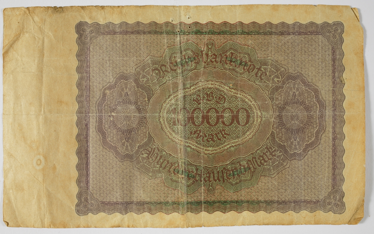 Sedel, Tyskland 1920-talet, "Reichsbanknote Hunderttausend Mark...".