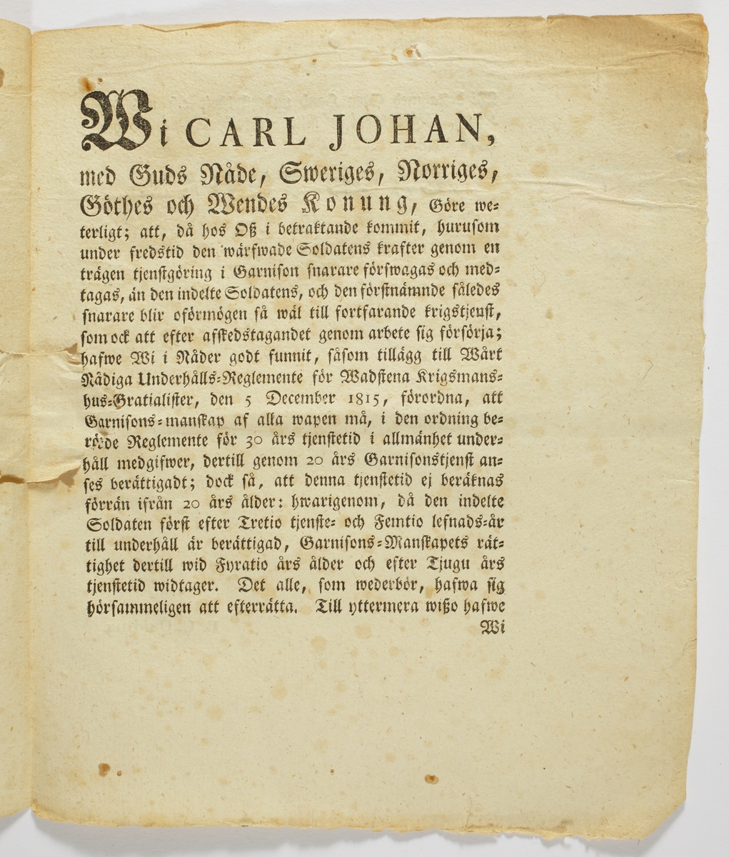 Kungörelse, en gratial, från kung Carl XIV Johan troligen till en äldre släkting till Vilhelm Moberg.