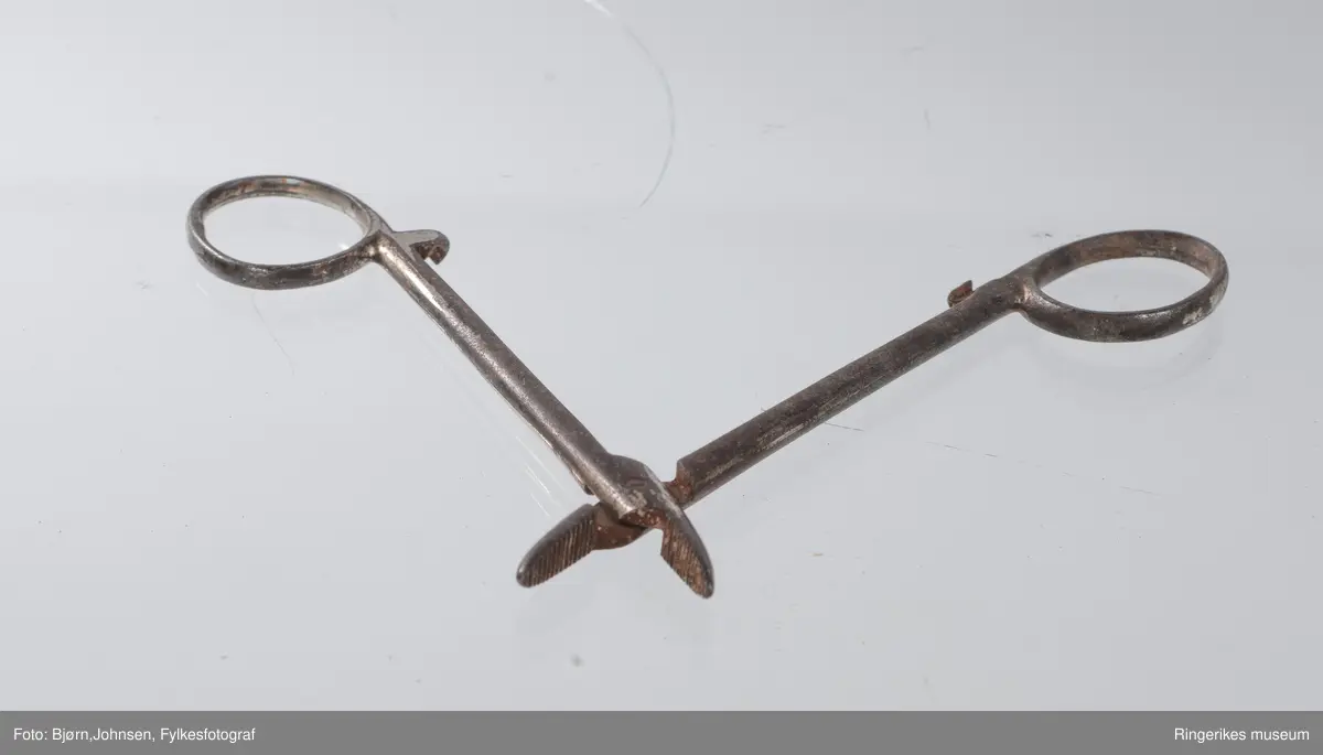 Metallklemme formet som en saks, med flate og ruglete gripeflater i tuppen.