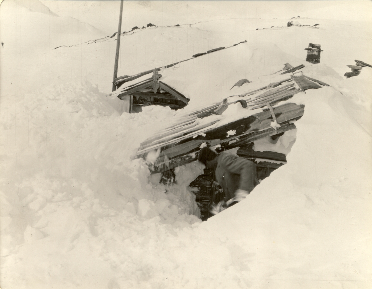 Den nedsnødde Gamlebua til hytta Russboden ved Russvatnet graves ut av Peter(Petter Tronhus?). Bak er hytta også nesten dekket av snø. Fotografert påsken 1910.