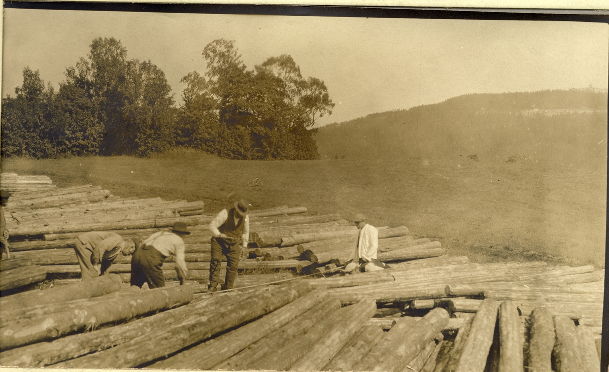Arbeidere og funksjonærer tar imot levering av tømmer på velten til Akers Brændselscentral, antagelig ved Fossum-siden av Bogstadvannet. Samtidig måler de tømmeret. fotografert 1917.
