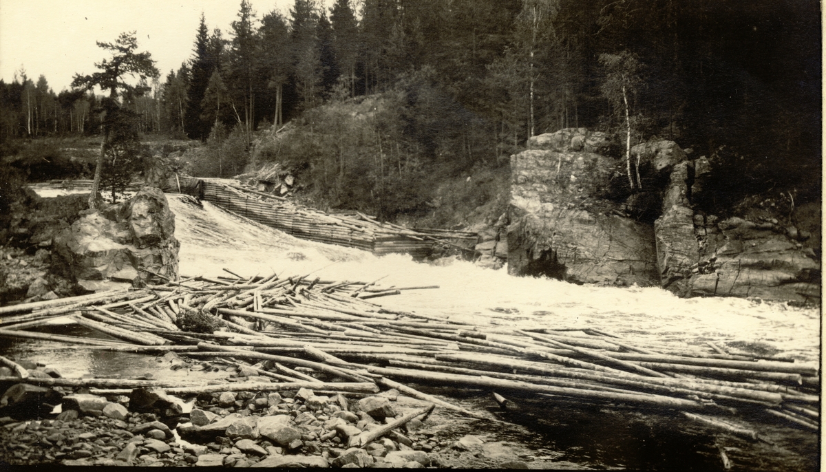 Tømmerfløting, ukjent sted. Fotografert 1918.