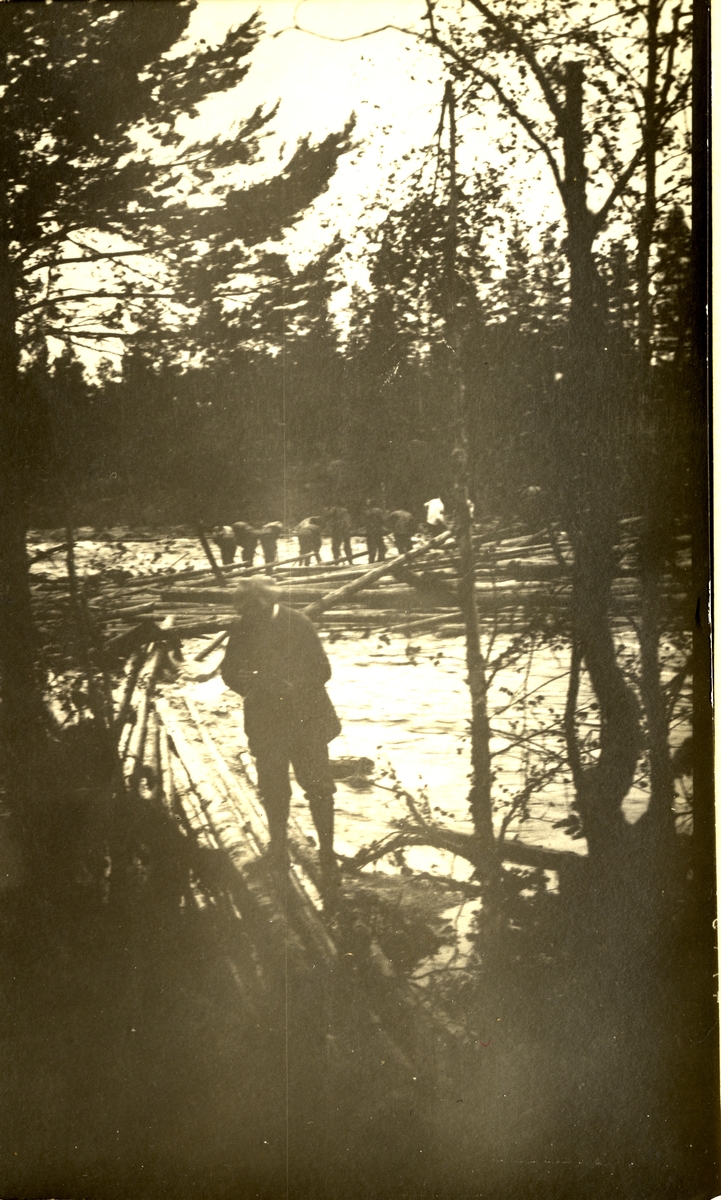 Tømmerfløtere i gang med fløting på ukjent sted. Forrest står ukjent mann. Fotografert 1918.