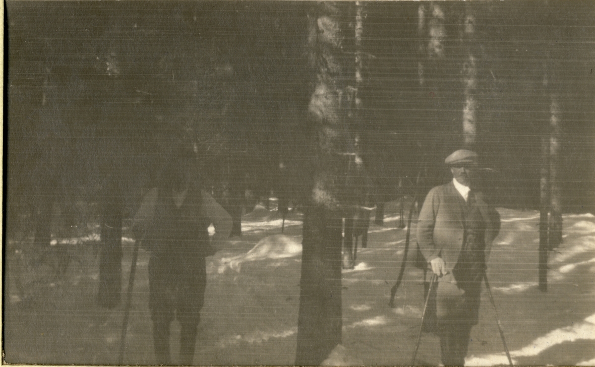 Westye Egeberg, til høyre, og en annen mann på befaring i Bjørnstad Skog, (Brandval i Hedmark?). Fotografert 1918.