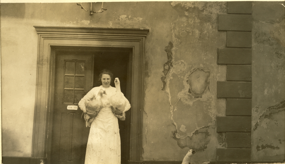 Husjomfruen på Bogstad gård, Anna Lerberg fra Ringerike, står i en døråpning med to gjess under armene. Fotografert 1919.