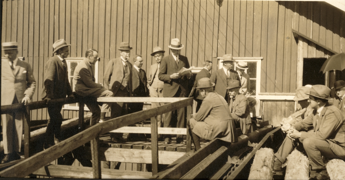 Medlemmer av skjønnsretten er samlet på befaring på et av Westye Egeberg & Co´s sagbruk. Fotografert 1923.