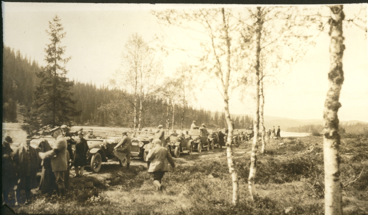 Fra Forstmandsforeningens utflukt til Fritzøe i Larvik. Bilkortesjen har stoppet ved innsjøen Mykle i Siljan. Fotografert juni 1924.