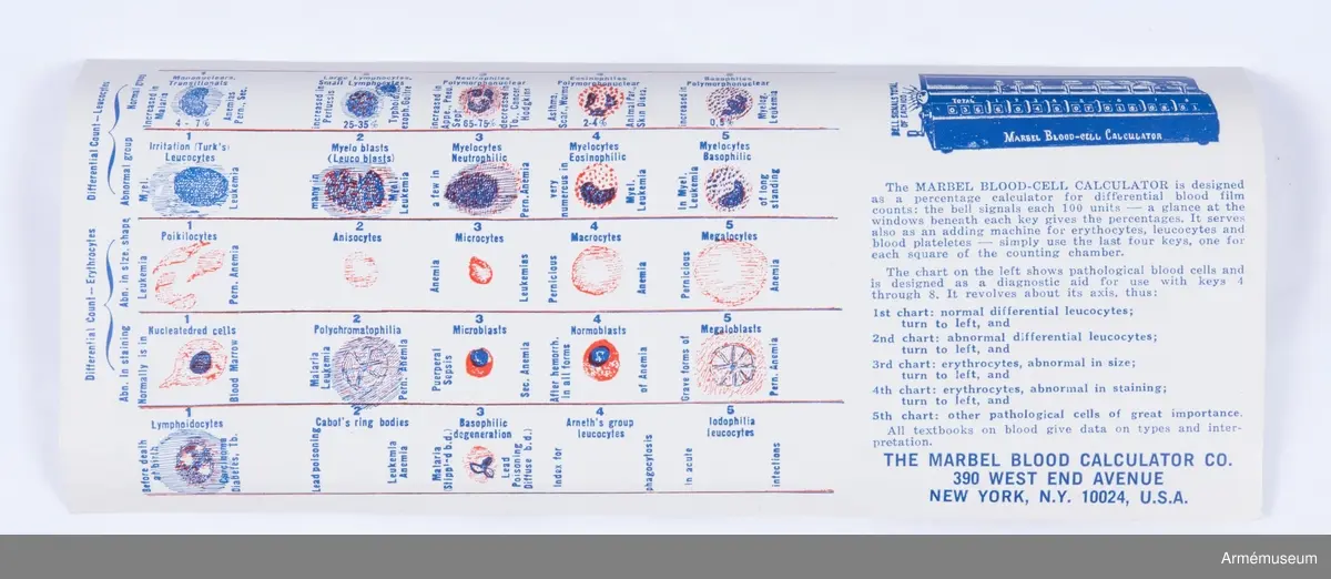 Svart räknekammare med tillhörande bruksanvisning och garanti-kort på engelska.

Skylt på föremålets framsida med tillverkaruppgifter, modellspecifikation och serienummer: 
"Marbel blood - cell calculator
percentage calculator for differential blood films
adding machine for erythrocytes, leucocytes, blood platelets
NO 276 model VI-T, patented june 6, 1922 others pend.
The Marbel Blood Calculator CO.
30 W Washington St. Chicago 2, Ill, Chicago"