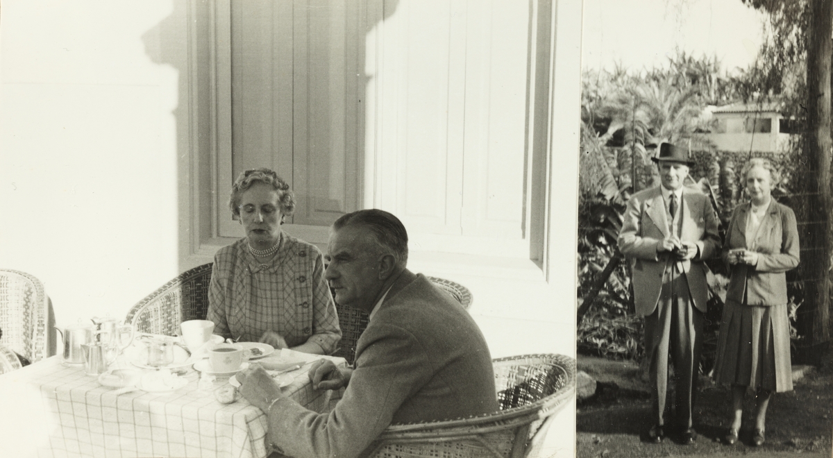 Major Walter Shuldham og frue, antagelig på hotellrestaurant på Tenerife. Antagelig fotografert under Westye Egebergs reise dit i 1953. Bilde av samme(?) par til høyre.