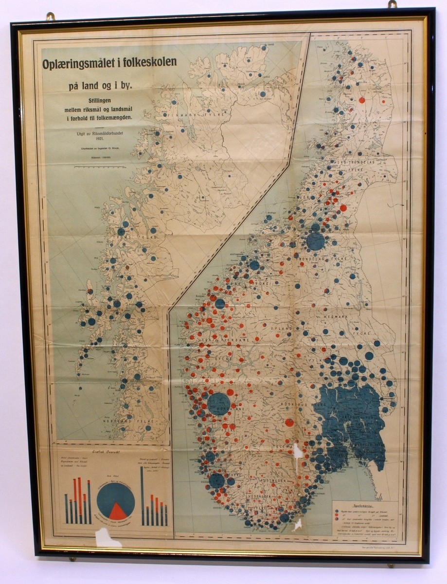 Kart over opplæringsmålet i skulen i 1921. På kartet står der: "Oplæringsmålet i folkeskolen på land og i byen. Stillingen mellem riksmål og landsmål i forhold til folkemængden. Utgitt av Riksmålsforbundet 1921. Utarbeidet av Ingeniør O. Krum." Kartet er i glas og ramme.