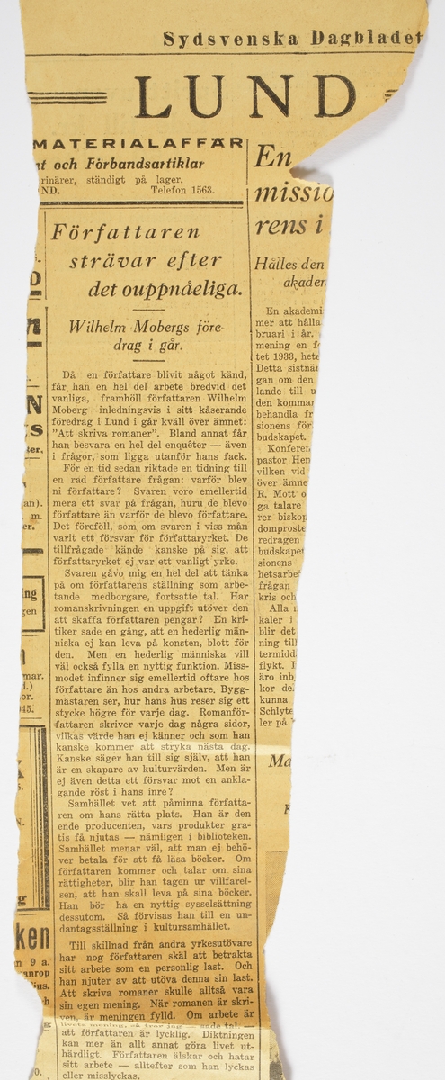 Tidningsklipp, rubrik "Författaren strävar efter det ouppnåeliga." Ur Sydsvenska dagbladet, onsdagen den 24 januari 1934.