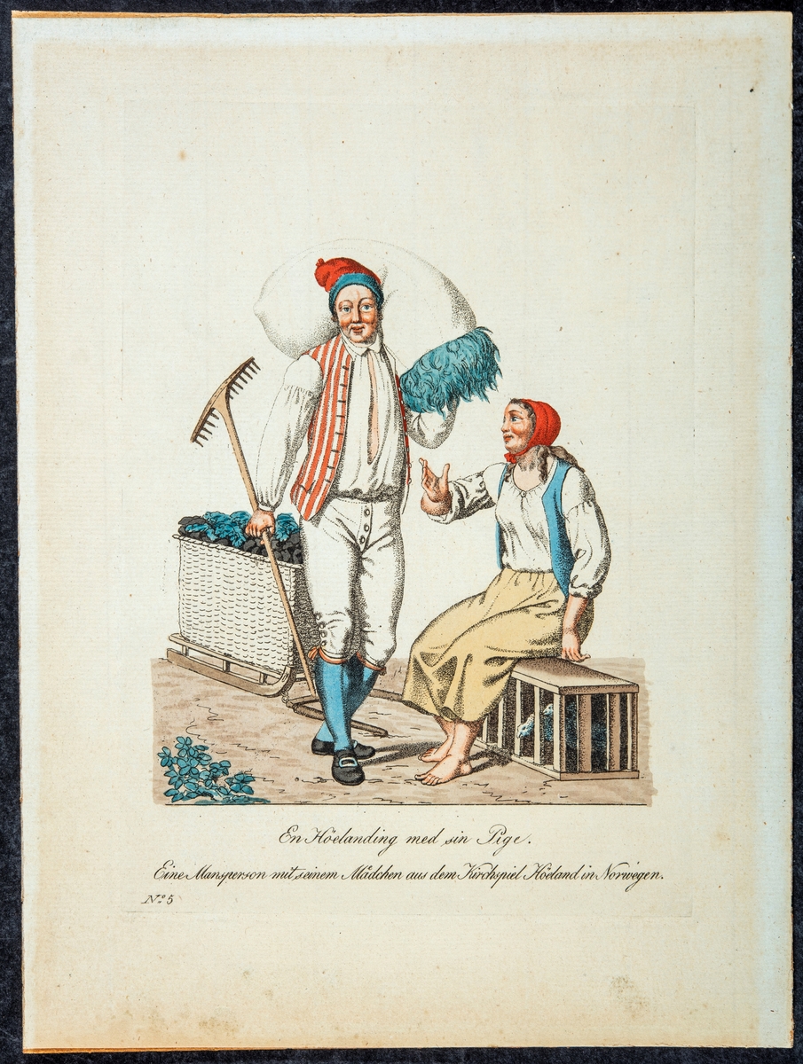 En høelanding med sin pige. (Hølen). Mann og kvinne i folkedrakt. Kullbrenner(?)
No 5 Eine Mansperson mit seinem Mädchen aus dem Kirchspiel Hølen in Norwegen
