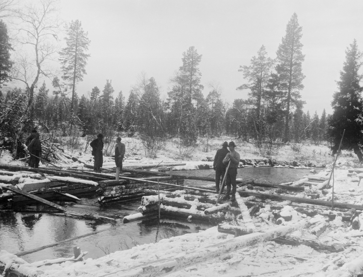 Anleggsarbeid på fløtingsdam i et av Glommas sidevassdrag.  Fotografiet viser fem men i arbeid på tømmerkister på begge sider av et damløp, som på opptakstidspunktet ikke hadde bru, men kunne passeres på gangbord.  Det ser ut til at tømmerkistene mangler steinfyll.  Arbeidet gjøres vinterstid med lav vannstand i elva og med et tynt snølag på marka.  I bakgrunnen glissen fjellskog med innslag av furu, gran og bjørk.  En kopi av dette fotografiet er montert bakerst i album GF 19 under rubrikken «Div. foto».  Albumet har ingen originale innskrifter om opptakstid eller opptakssted, men en sekundær blyantinnskrift, der det antydes at dette kan være Teldammen i sidevassdraget Tela lengst nord i Tynset kommune.  Den samme antydningen er gjort ved fotografiene SJF. 1990-00322-00323.  Både damkonstruksjonen, terrenget og vegetasjonen på disse bildene er så lik at det det er rimelig å anta at opptaksstedet og opptakstidsunktet er om lag det samme.