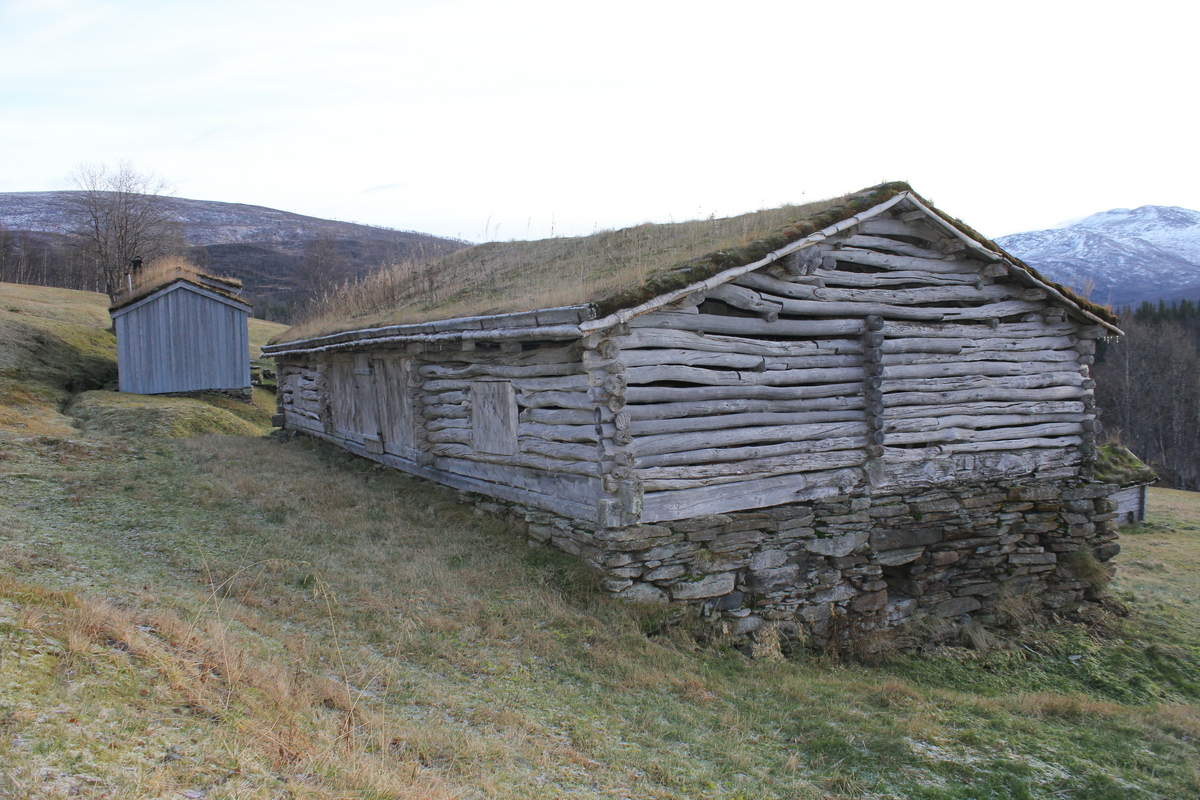 Fjøs. Husdyrrom av kistemur i lokal naturstein. Høyloft laftet i furu og bjørk. Åstak av bjørk, taktro, næver og torv. Fjøsgrue.