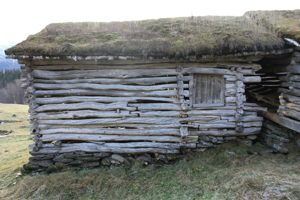 Fjøs. Husdyrrom av kistemur i lokal naturstein. Høyloft laftet i furu og bjørk. Åstak av bjørk, taktro, næver og torv. Fjøsgrue.