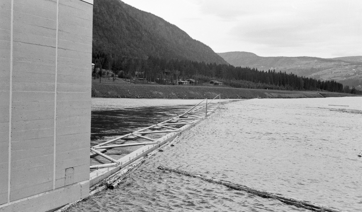 Ledelense på oppstrøms side av kraftverksdammen ved Hunderfossen i Gudbrandsdalslågen. Fotografiet er tatt fra dambrua, langs lensa, som åpenbart skulle ede tømmeret fra den vestre elvebredden (Fåberg-sida av elva) mot en tømmerløp på den sentrale delen av dammen. Lensa var ei såkalt «stivlense» - et flytende stengsel som var avstivet på baksida med rammer der det var innsatt skråband, som skulle hindre at konstruksjonen gav etter for presset fra tømmeret og elvestrømmen. Inne på elvebredden skimter vi noen av hyttene på Hunderfossen camping.