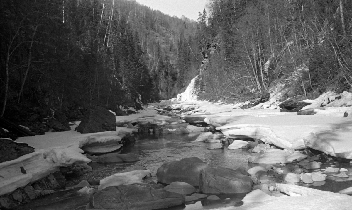 Elva Vinstra i Nord-Fron kommune i Midt-Gudbrandsdalen, fotografert en tidlig vårdag i 1954. Bildet ble tatt mens det ennå lå is og snø i den djupe dalbotnen, og vannføringa i elva var svært beskjeden. Fotografen har notert seg at dette motivet skal være fra et sted mellom Gålå og Loholet.