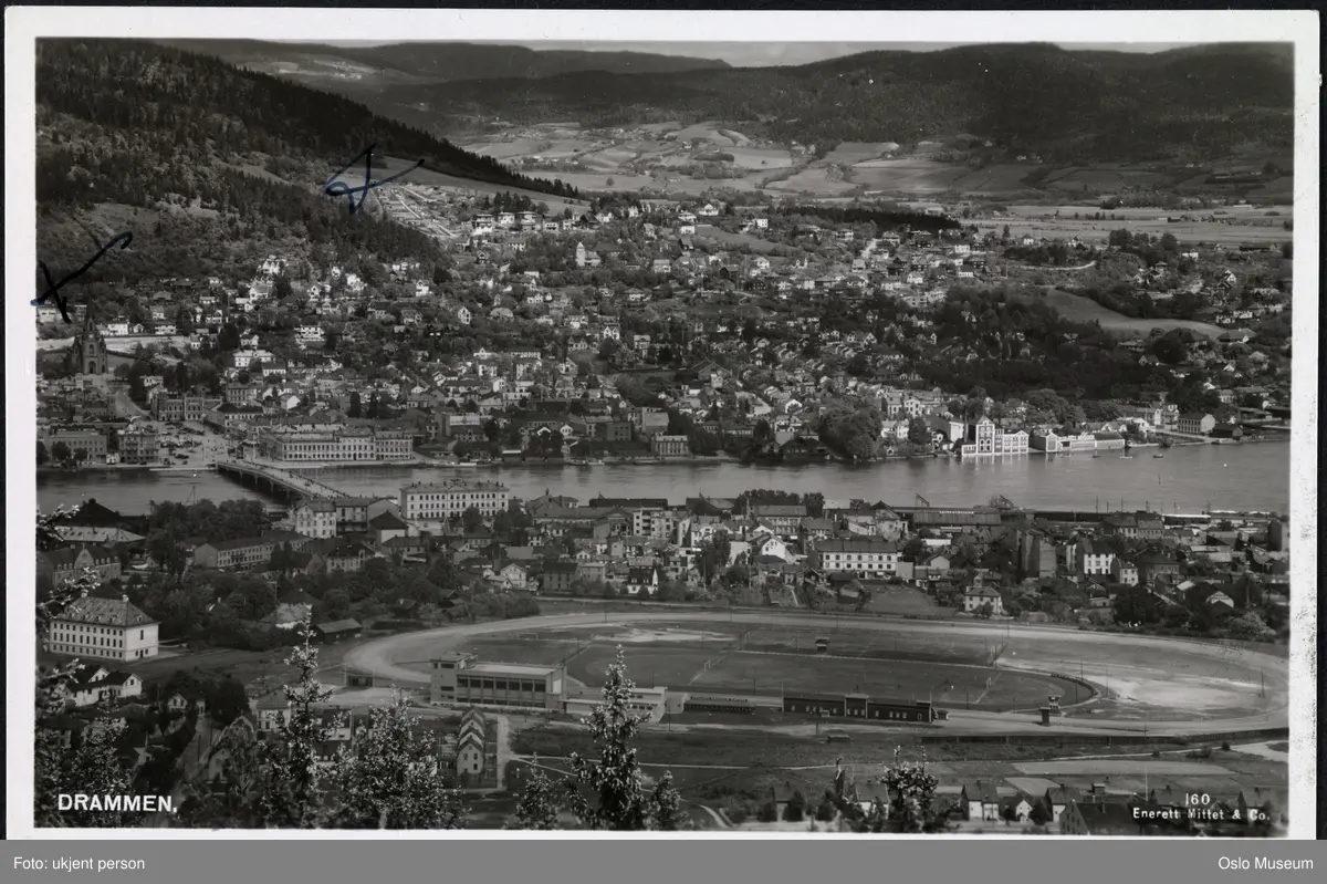utsikt, by, bebyggelse, stadion, elv, kulturlandskap, skog