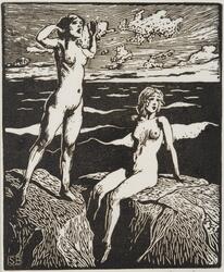 Sirener, badande flickor [Träsnitt]