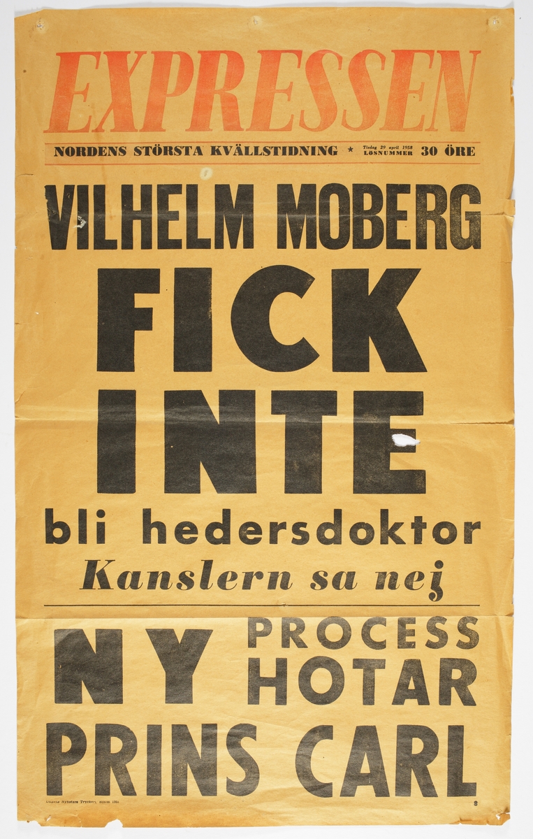 Löpsedel, Expressen Tisdag 29 april 1958, "Vilhelm Moberg fick inte bli hedersdoktor..."