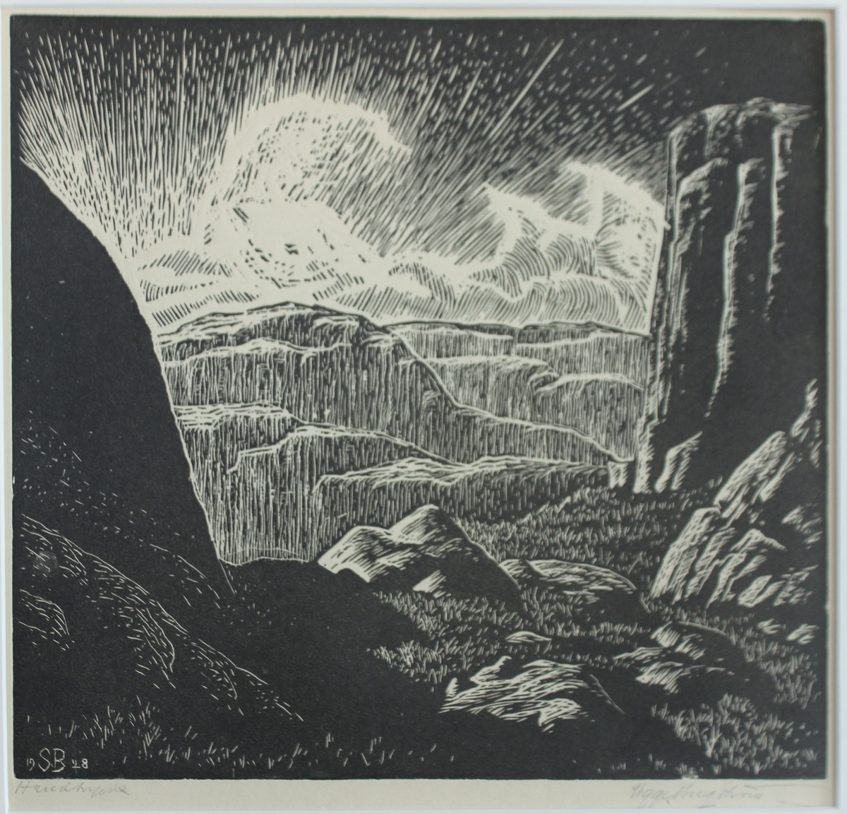 "Berglandskap, Tjörn" [Träsnitt]