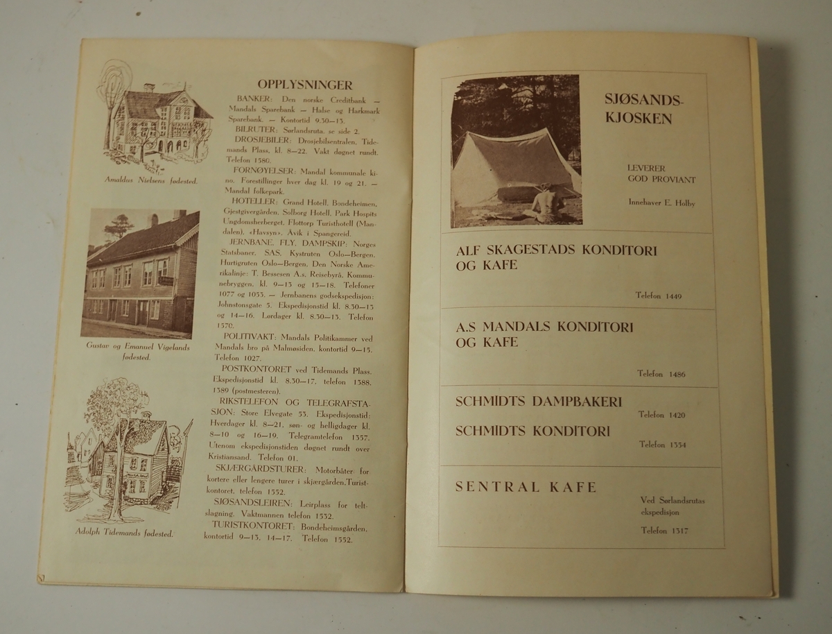 Turisthefte for Mandal by fra 1951. Innholder informasjon om Mandal, kart over byen og annonser for noen av byens bedrifter.