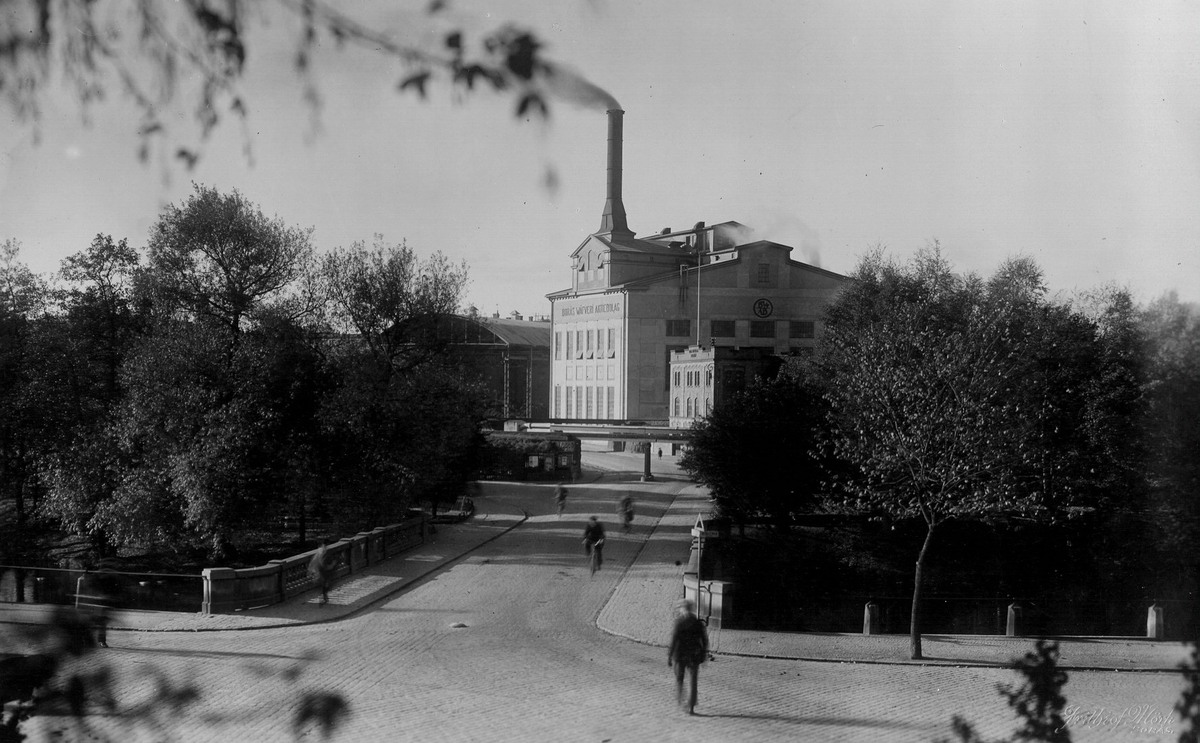 Nybron mot nordväst med Borås Wäveri i kvarteret Tryckaren i mellanplanet år 1928.