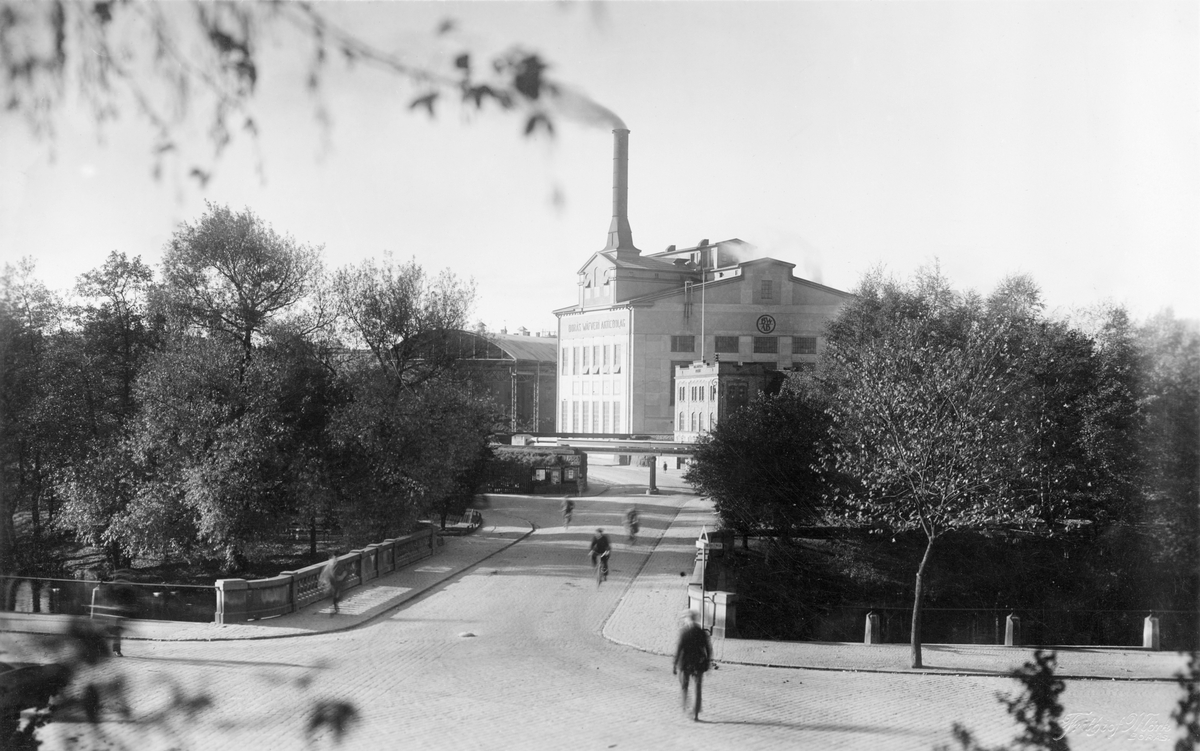Nybron mot nordväst med Borås Wäveri i kvarteret Tryckaren i mellanplanet år 1928.