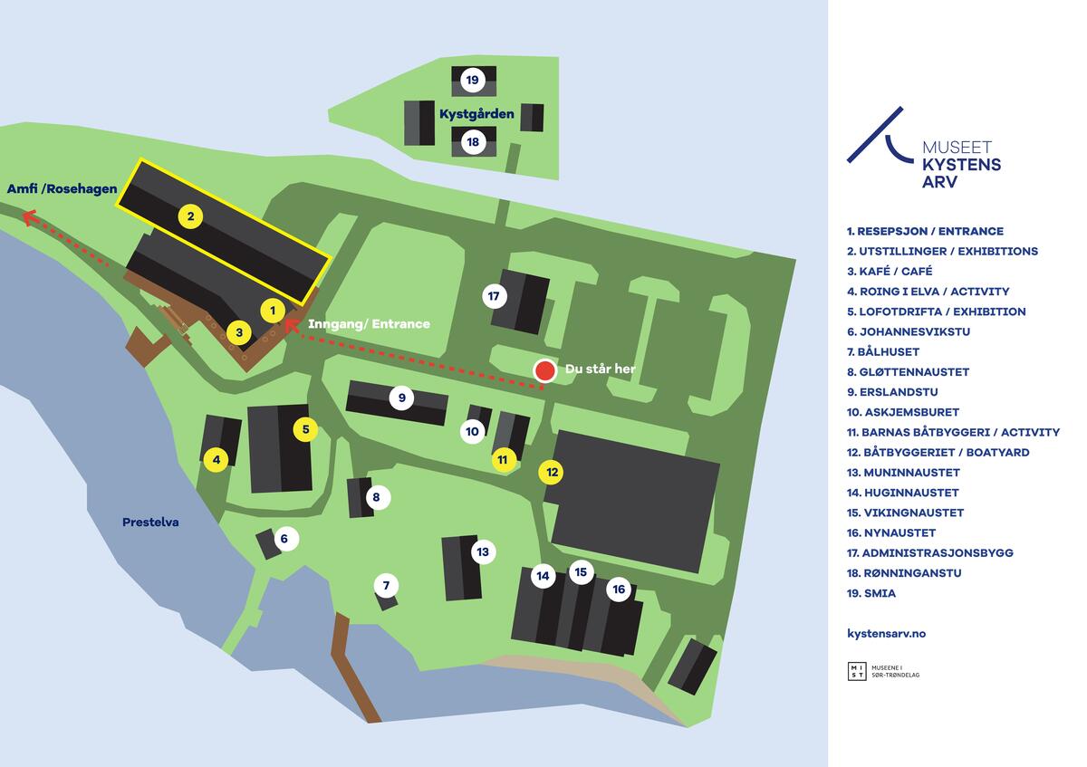 Kart som viser et grønt område med mange nummererte bygninger. Illustrasjon. 
