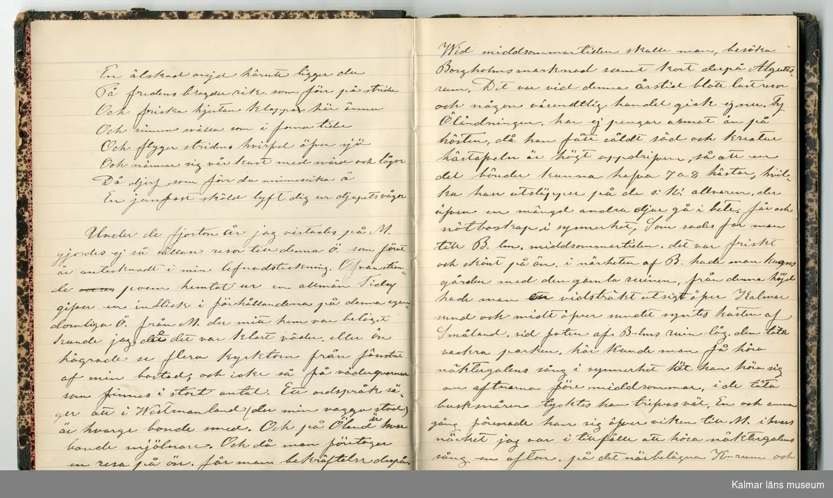 KLM 46431:2. Dagbok. Levnadsteckning. Del 2. Levnadsteckning skriven av garvaren Carl Gustaf Petersson. Nedteckningen började då familjen flyttade från Mönsterås till Eksjö 1884 och fortsatter fram till 1902. Berättelsen omfattar tiden från 1841 då han föddes i Köping, till 1902. Berättelse tar upp vardagliga händelser och bekymmer i en garvares tillvaro. Garveriyrket innebar för hans del att en stor del av tiden var han på resande fot till marknader mm. Han har under en längre tid ekonomiska bekymmer som ökar och blir ohållbart, vilket också leder till att han blir ställd inför rättslig prövning. Han blir dömd till fängelse i två månader för ekonomiska försummelser, fängelsetiden verkställs i Stockholm i fängelset på Långholmen. Även detta beskrivs mycket ingående i dagboken, han avtjänar sitt straff från onsdagen den 14 februari 1894 till lördagen den 14 april 1894.