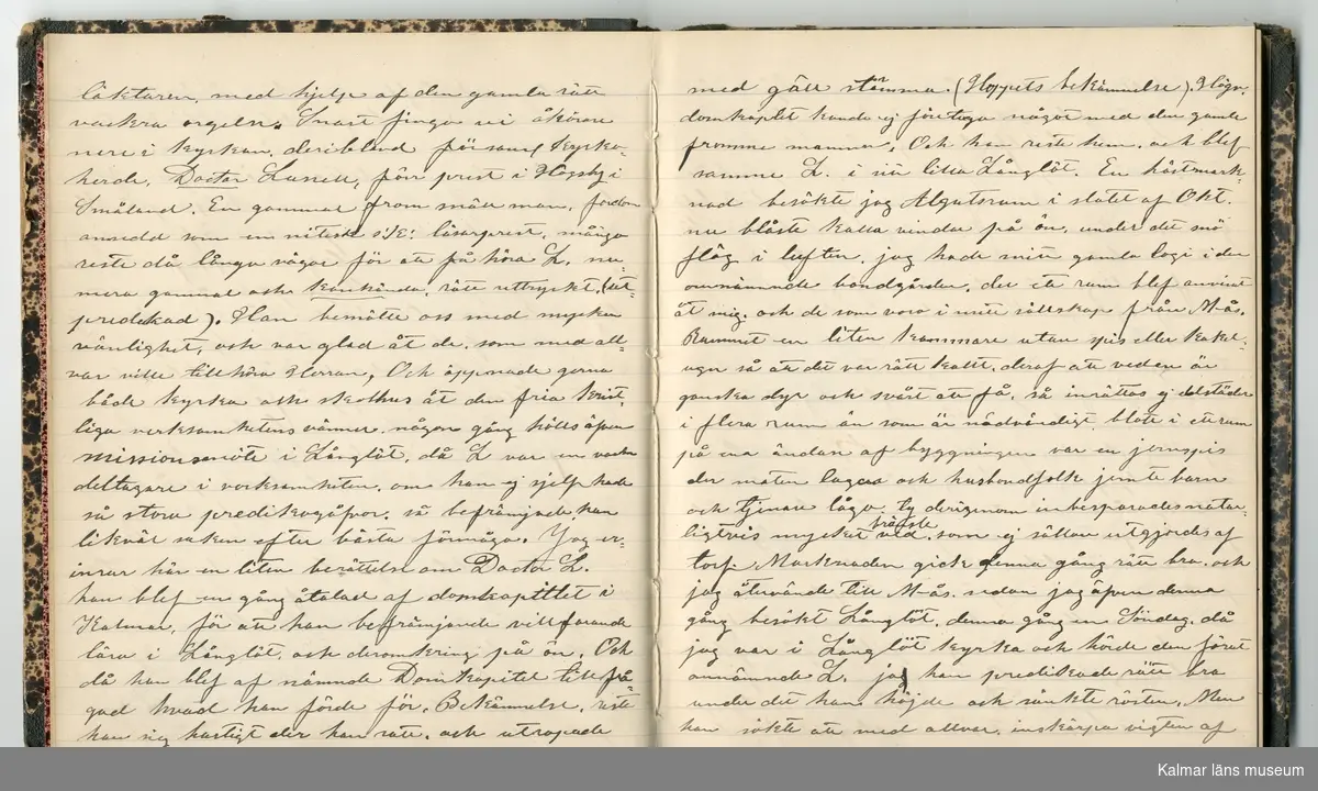 KLM 46431:2. Dagbok. Levnadsteckning. Del 2. Levnadsteckning skriven av garvaren Carl Gustaf Petersson. Nedteckningen började då familjen flyttade från Mönsterås till Eksjö 1884 och fortsatter fram till 1902. Berättelsen omfattar tiden från 1841 då han föddes i Köping, till 1902. Berättelse tar upp vardagliga händelser och bekymmer i en garvares tillvaro. Garveriyrket innebar för hans del att en stor del av tiden var han på resande fot till marknader mm. Han har under en längre tid ekonomiska bekymmer som ökar och blir ohållbart, vilket också leder till att han blir ställd inför rättslig prövning. Han blir dömd till fängelse i två månader för ekonomiska försummelser, fängelsetiden verkställs i Stockholm i fängelset på Långholmen. Även detta beskrivs mycket ingående i dagboken, han avtjänar sitt straff från onsdagen den 14 februari 1894 till lördagen den 14 april 1894.