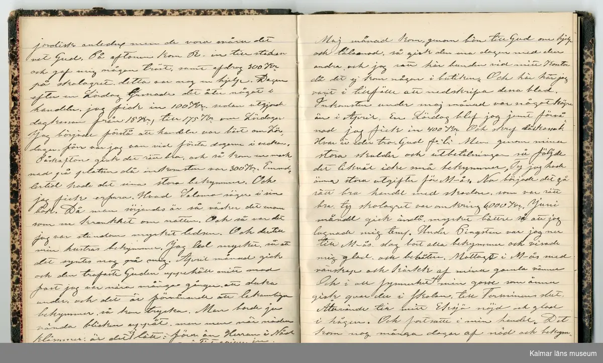 KLM 46431:2. Dagbok. Levnadsteckning. Del 2. Levnadsteckning skriven av garvaren Carl Gustaf Petersson. Nedteckningen började då familjen flyttade från Mönsterås till Eksjö 1884 och fortsatter fram till 1902. Berättelsen omfattar tiden från 1841 då han föddes i Köping, till 1902. Berättelse tar upp vardagliga händelser och bekymmer i en garvares tillvaro. Garveriyrket innebar för hans del att en stor del av tiden var han på resande fot till marknader mm. Han har under en längre tid ekonomiska bekymmer som ökar och blir ohållbart, vilket också leder till att han blir ställd inför rättslig prövning. Han blir dömd till fängelse i två månader för ekonomiska försummelser, fängelsetiden verkställs i Stockholm i fängelset på Långholmen. Även detta beskrivs mycket ingående i dagboken, han avtjänar sitt straff från onsdagen den 14 februari 1894 till lördagen den 14 april 1894.