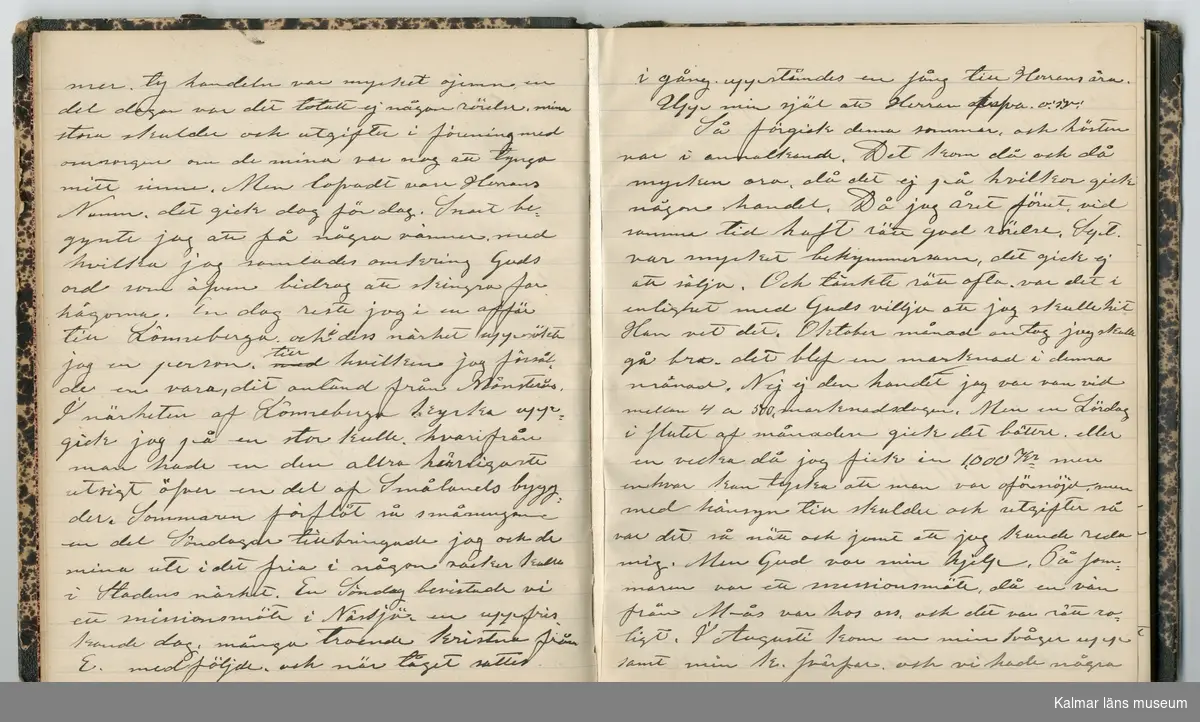 KLM 46431:2. Dagbok. Levnadsteckning. Del 2. Levnadsteckning skriven av garvaren Carl Gustaf Petersson. Nedteckningen började då familjen flyttade från Mönsterås till Eksjö 1884 och fortsatter fram till 1902. Berättelsen omfattar tiden från 1841 då han föddes i Köping, till 1902. Berättelse tar upp vardagliga händelser och bekymmer i en garvares tillvaro. Garveriyrket innebar för hans del att en stor del av tiden var han på resande fot till marknader mm. Han har under en längre tid ekonomiska bekymmer som ökar och blir ohållbart, vilket också leder till att han blir ställd inför rättslig prövning. Han blir dömd till fängelse i två månader för ekonomiska försummelser, fängelsetiden verkställs i Stockholm i fängelset på Långholmen. Även detta beskrivs mycket ingående i dagboken, han avtjänar sitt straff från onsdagen den 14 februari 1894 till lördagen den 14 april 1894.