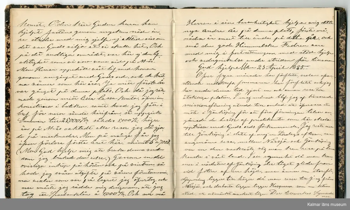 KLM 46431:2. Dagbok. Levnadsteckning. Del 2. Levnadsteckning skriven av garvaren Carl Gustaf Petersson. Nedteckningen började då familjen flyttade från Mönsterås till Eksjö 1884 och fortsatter fram till 1902. Berättelsen omfattar tiden från 1841 då han föddes i Köping, till 1902. Berättelse tar upp vardagliga händelser och bekymmer i en garvares tillvaro. Garveriyrket innebar för hans del att en stor del av tiden var han på resande fot till marknader mm. Han har under en längre tid ekonomiska bekymmer som ökar och blir ohållbart, vilket också leder till att han blir ställd inför rättslig prövning. Han blir dömd till fängelse i två månader för ekonomiska försummelser, fängelsetiden verkställs i Stockholm i fängelset på Långholmen. Även detta beskrivs mycket ingående i dagboken, han avtjänar sitt straff från onsdagen den 14 februari 1894 till lördagen den 14 april 1894.