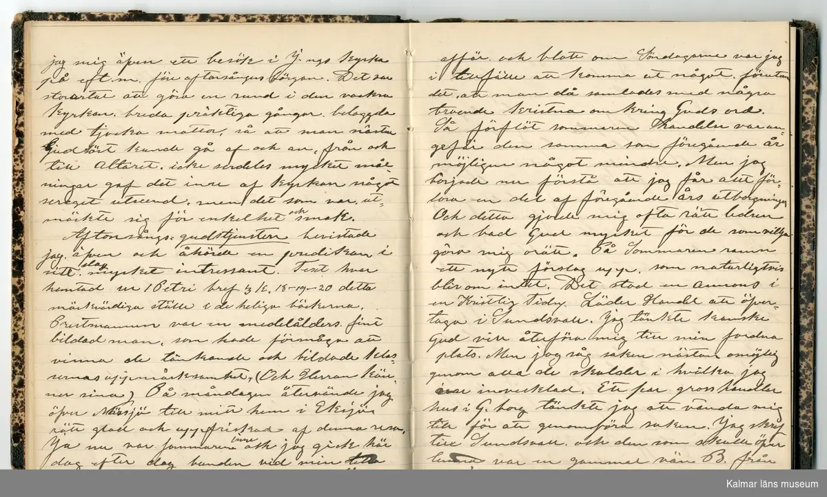 KLM 46431:2. Dagbok. Levnadsteckning. Del 2. Levnadsteckning skriven av garvaren Carl Gustaf Petersson. Nedteckningen började då familjen flyttade från Mönsterås till Eksjö 1884 och fortsatter fram till 1902. Berättelsen omfattar tiden från 1841 då han föddes i Köping, till 1902. Berättelse tar upp vardagliga händelser och bekymmer i en garvares tillvaro. Garveriyrket innebar för hans del att en stor del av tiden var han på resande fot till marknader mm. Han har under en längre tid ekonomiska bekymmer som ökar och blir ohållbart, vilket också leder till att han blir ställd inför rättslig prövning. Han blir dömd till fängelse i två månader för ekonomiska försummelser, fängelsetiden verkställs i Stockholm i fängelset på Långholmen. Även detta beskrivs mycket ingående i dagboken, han avtjänar sitt straff från onsdagen den 14 februari 1894 till lördagen den 14 april 1894.