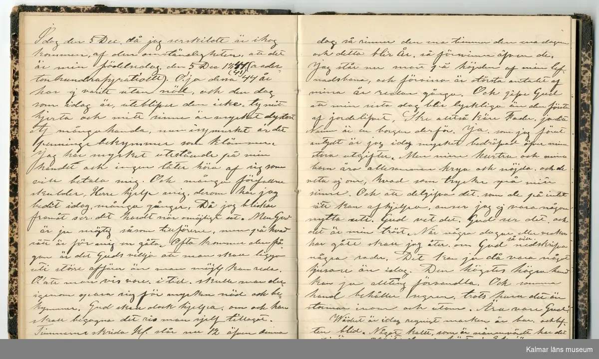 KLM 46431:2. Dagbok. Levnadsteckning. Del 2. Levnadsteckning skriven av garvaren Carl Gustaf Petersson. Nedteckningen började då familjen flyttade från Mönsterås till Eksjö 1884 och fortsatter fram till 1902. Berättelsen omfattar tiden från 1841 då han föddes i Köping, till 1902. Berättelse tar upp vardagliga händelser och bekymmer i en garvares tillvaro. Garveriyrket innebar för hans del att en stor del av tiden var han på resande fot till marknader mm. Han har under en längre tid ekonomiska bekymmer som ökar och blir ohållbart, vilket också leder till att han blir ställd inför rättslig prövning. Han blir dömd till fängelse i två månader för ekonomiska försummelser, fängelsetiden verkställs i Stockholm i fängelset på Långholmen. Även detta beskrivs mycket ingående i dagboken, han avtjänar sitt straff från onsdagen den 14 februari 1894 till lördagen den 14 april 1894.