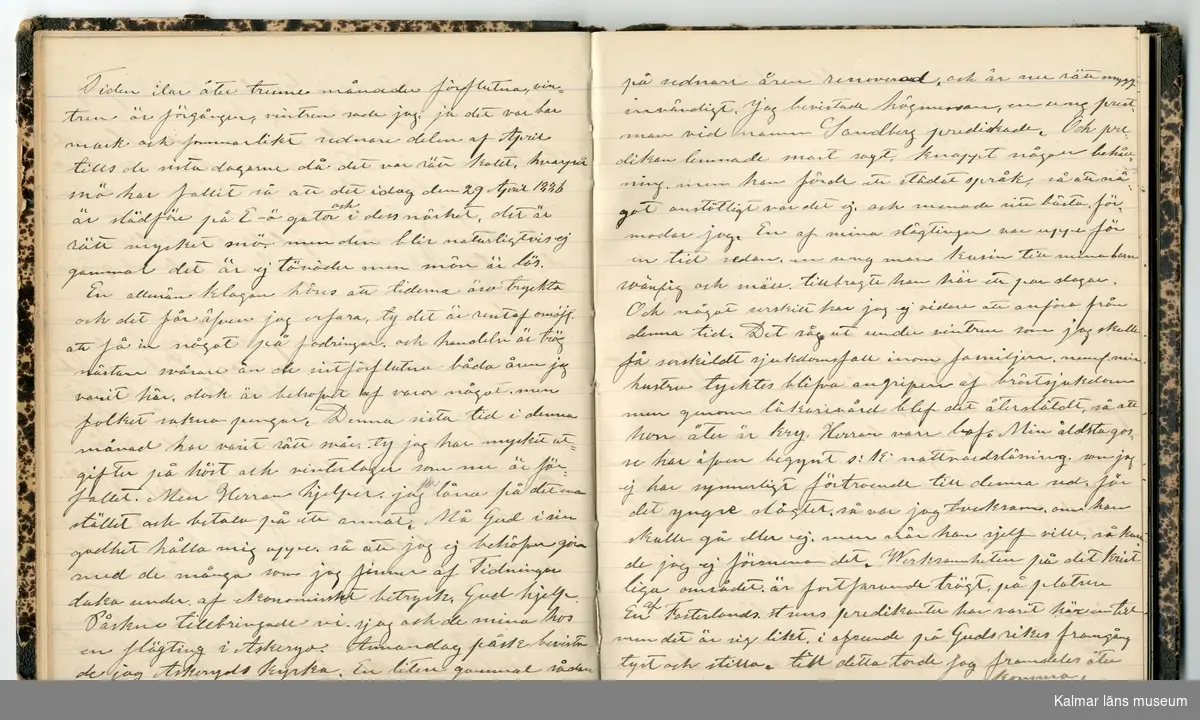 KLM 46431:2. Dagbok. Levnadsteckning. Del 2. Levnadsteckning skriven av garvaren Carl Gustaf Petersson. Nedteckningen började då familjen flyttade från Mönsterås till Eksjö 1884 och fortsatter fram till 1902. Berättelsen omfattar tiden från 1841 då han föddes i Köping, till 1902. Berättelse tar upp vardagliga händelser och bekymmer i en garvares tillvaro. Garveriyrket innebar för hans del att en stor del av tiden var han på resande fot till marknader mm. Han har under en längre tid ekonomiska bekymmer som ökar och blir ohållbart, vilket också leder till att han blir ställd inför rättslig prövning. Han blir dömd till fängelse i två månader för ekonomiska försummelser, fängelsetiden verkställs i Stockholm i fängelset på Långholmen. Även detta beskrivs mycket ingående i dagboken, han avtjänar sitt straff från onsdagen den 14 februari 1894 till lördagen den 14 april 1894.