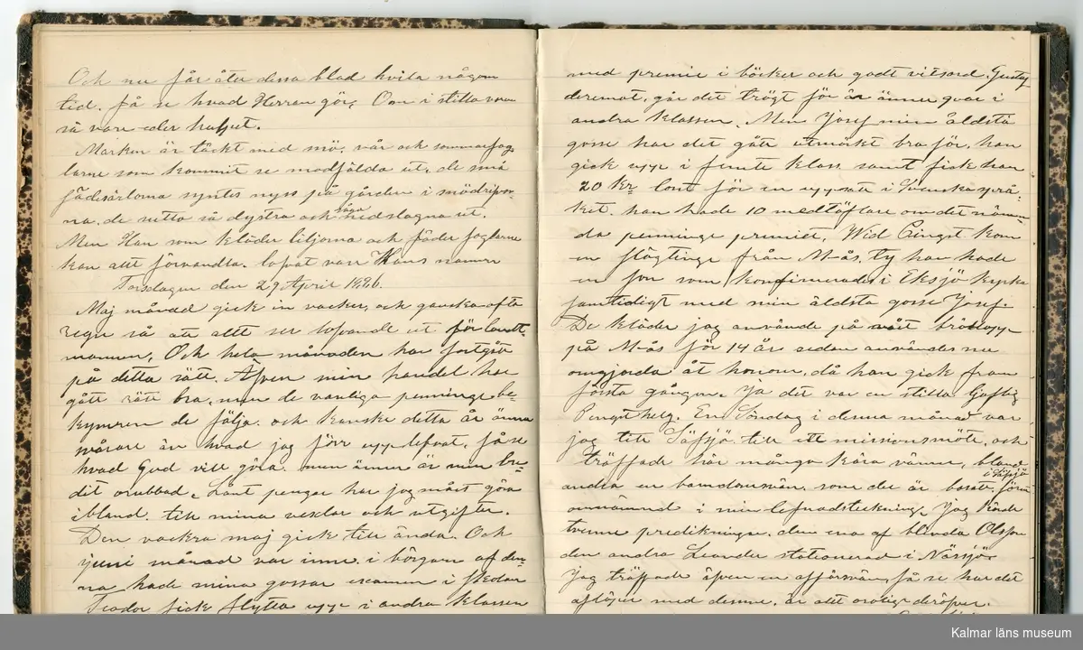 KLM 46431:2. Dagbok. Levnadsteckning. Del 2. Levnadsteckning skriven av garvaren Carl Gustaf Petersson. Nedteckningen började då familjen flyttade från Mönsterås till Eksjö 1884 och fortsatter fram till 1902. Berättelsen omfattar tiden från 1841 då han föddes i Köping, till 1902. Berättelse tar upp vardagliga händelser och bekymmer i en garvares tillvaro. Garveriyrket innebar för hans del att en stor del av tiden var han på resande fot till marknader mm. Han har under en längre tid ekonomiska bekymmer som ökar och blir ohållbart, vilket också leder till att han blir ställd inför rättslig prövning. Han blir dömd till fängelse i två månader för ekonomiska försummelser, fängelsetiden verkställs i Stockholm i fängelset på Långholmen. Även detta beskrivs mycket ingående i dagboken, han avtjänar sitt straff från onsdagen den 14 februari 1894 till lördagen den 14 april 1894.