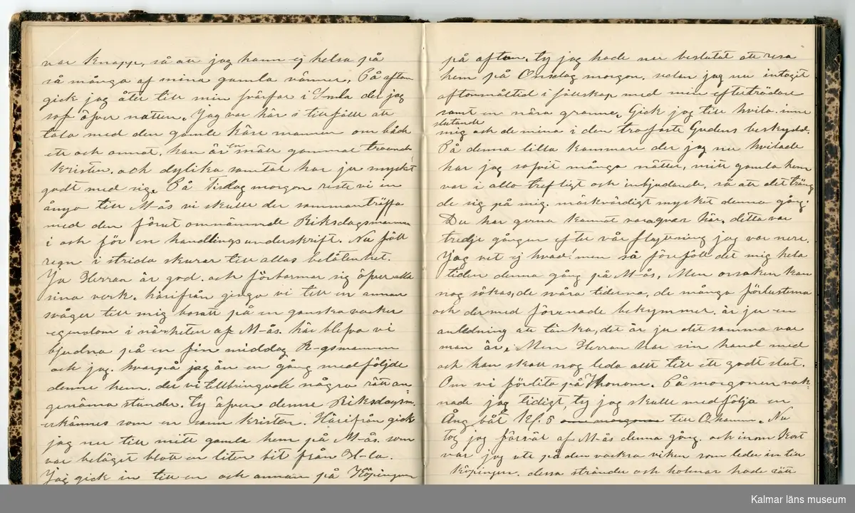 KLM 46431:2. Dagbok. Levnadsteckning. Del 2. Levnadsteckning skriven av garvaren Carl Gustaf Petersson. Nedteckningen började då familjen flyttade från Mönsterås till Eksjö 1884 och fortsatter fram till 1902. Berättelsen omfattar tiden från 1841 då han föddes i Köping, till 1902. Berättelse tar upp vardagliga händelser och bekymmer i en garvares tillvaro. Garveriyrket innebar för hans del att en stor del av tiden var han på resande fot till marknader mm. Han har under en längre tid ekonomiska bekymmer som ökar och blir ohållbart, vilket också leder till att han blir ställd inför rättslig prövning. Han blir dömd till fängelse i två månader för ekonomiska försummelser, fängelsetiden verkställs i Stockholm i fängelset på Långholmen. Även detta beskrivs mycket ingående i dagboken, han avtjänar sitt straff från onsdagen den 14 februari 1894 till lördagen den 14 april 1894.