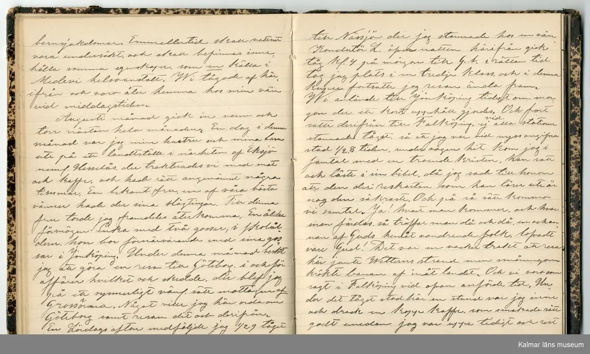 KLM 46431:2. Dagbok. Levnadsteckning. Del 2. Levnadsteckning skriven av garvaren Carl Gustaf Petersson. Nedteckningen började då familjen flyttade från Mönsterås till Eksjö 1884 och fortsatter fram till 1902. Berättelsen omfattar tiden från 1841 då han föddes i Köping, till 1902. Berättelse tar upp vardagliga händelser och bekymmer i en garvares tillvaro. Garveriyrket innebar för hans del att en stor del av tiden var han på resande fot till marknader mm. Han har under en längre tid ekonomiska bekymmer som ökar och blir ohållbart, vilket också leder till att han blir ställd inför rättslig prövning. Han blir dömd till fängelse i två månader för ekonomiska försummelser, fängelsetiden verkställs i Stockholm i fängelset på Långholmen. Även detta beskrivs mycket ingående i dagboken, han avtjänar sitt straff från onsdagen den 14 februari 1894 till lördagen den 14 april 1894.