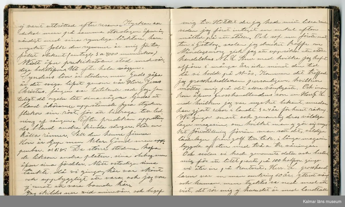 KLM 46431:2. Dagbok. Levnadsteckning. Del 2. Levnadsteckning skriven av garvaren Carl Gustaf Petersson. Nedteckningen började då familjen flyttade från Mönsterås till Eksjö 1884 och fortsatter fram till 1902. Berättelsen omfattar tiden från 1841 då han föddes i Köping, till 1902. Berättelse tar upp vardagliga händelser och bekymmer i en garvares tillvaro. Garveriyrket innebar för hans del att en stor del av tiden var han på resande fot till marknader mm. Han har under en längre tid ekonomiska bekymmer som ökar och blir ohållbart, vilket också leder till att han blir ställd inför rättslig prövning. Han blir dömd till fängelse i två månader för ekonomiska försummelser, fängelsetiden verkställs i Stockholm i fängelset på Långholmen. Även detta beskrivs mycket ingående i dagboken, han avtjänar sitt straff från onsdagen den 14 februari 1894 till lördagen den 14 april 1894.