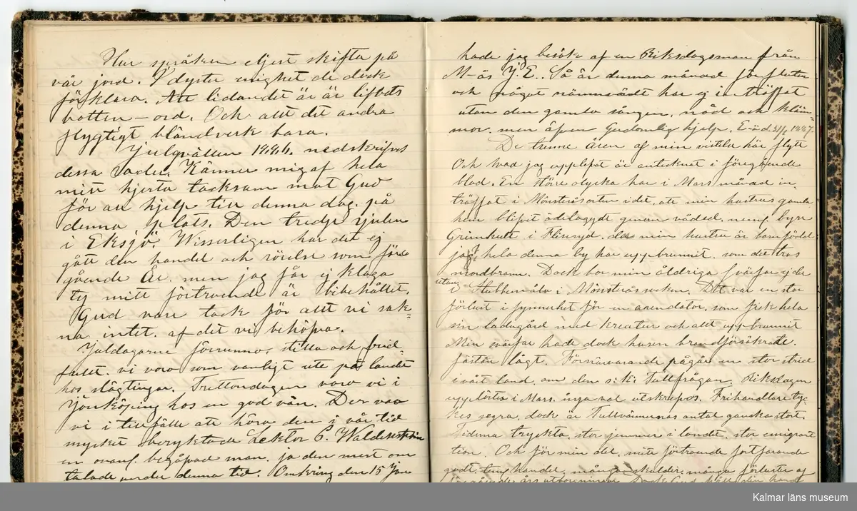 KLM 46431:2. Dagbok. Levnadsteckning. Del 2. Levnadsteckning skriven av garvaren Carl Gustaf Petersson. Nedteckningen började då familjen flyttade från Mönsterås till Eksjö 1884 och fortsatter fram till 1902. Berättelsen omfattar tiden från 1841 då han föddes i Köping, till 1902. Berättelse tar upp vardagliga händelser och bekymmer i en garvares tillvaro. Garveriyrket innebar för hans del att en stor del av tiden var han på resande fot till marknader mm. Han har under en längre tid ekonomiska bekymmer som ökar och blir ohållbart, vilket också leder till att han blir ställd inför rättslig prövning. Han blir dömd till fängelse i två månader för ekonomiska försummelser, fängelsetiden verkställs i Stockholm i fängelset på Långholmen. Även detta beskrivs mycket ingående i dagboken, han avtjänar sitt straff från onsdagen den 14 februari 1894 till lördagen den 14 april 1894.