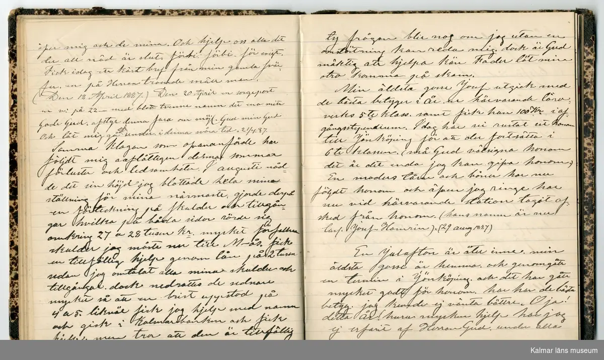 KLM 46431:2. Dagbok. Levnadsteckning. Del 2. Levnadsteckning skriven av garvaren Carl Gustaf Petersson. Nedteckningen började då familjen flyttade från Mönsterås till Eksjö 1884 och fortsatter fram till 1902. Berättelsen omfattar tiden från 1841 då han föddes i Köping, till 1902. Berättelse tar upp vardagliga händelser och bekymmer i en garvares tillvaro. Garveriyrket innebar för hans del att en stor del av tiden var han på resande fot till marknader mm. Han har under en längre tid ekonomiska bekymmer som ökar och blir ohållbart, vilket också leder till att han blir ställd inför rättslig prövning. Han blir dömd till fängelse i två månader för ekonomiska försummelser, fängelsetiden verkställs i Stockholm i fängelset på Långholmen. Även detta beskrivs mycket ingående i dagboken, han avtjänar sitt straff från onsdagen den 14 februari 1894 till lördagen den 14 april 1894.