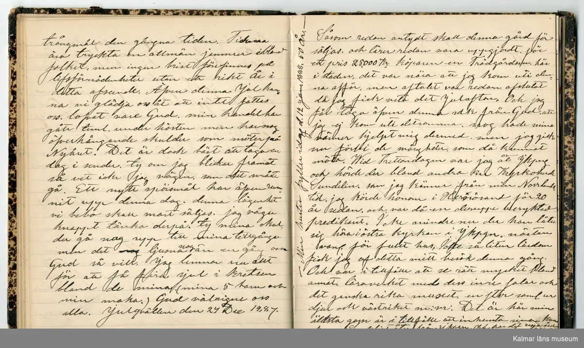 KLM 46431:2. Dagbok. Levnadsteckning. Del 2. Levnadsteckning skriven av garvaren Carl Gustaf Petersson. Nedteckningen började då familjen flyttade från Mönsterås till Eksjö 1884 och fortsatter fram till 1902. Berättelsen omfattar tiden från 1841 då han föddes i Köping, till 1902. Berättelse tar upp vardagliga händelser och bekymmer i en garvares tillvaro. Garveriyrket innebar för hans del att en stor del av tiden var han på resande fot till marknader mm. Han har under en längre tid ekonomiska bekymmer som ökar och blir ohållbart, vilket också leder till att han blir ställd inför rättslig prövning. Han blir dömd till fängelse i två månader för ekonomiska försummelser, fängelsetiden verkställs i Stockholm i fängelset på Långholmen. Även detta beskrivs mycket ingående i dagboken, han avtjänar sitt straff från onsdagen den 14 februari 1894 till lördagen den 14 april 1894.
