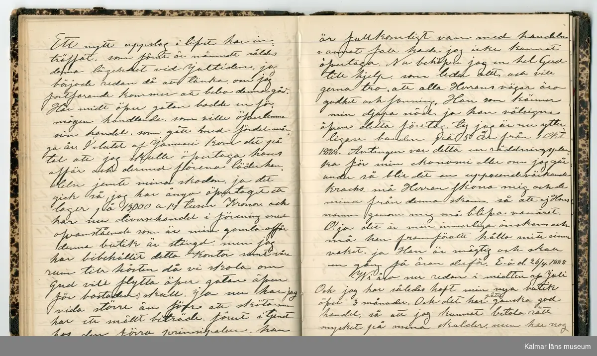 KLM 46431:2. Dagbok. Levnadsteckning. Del 2. Levnadsteckning skriven av garvaren Carl Gustaf Petersson. Nedteckningen började då familjen flyttade från Mönsterås till Eksjö 1884 och fortsatter fram till 1902. Berättelsen omfattar tiden från 1841 då han föddes i Köping, till 1902. Berättelse tar upp vardagliga händelser och bekymmer i en garvares tillvaro. Garveriyrket innebar för hans del att en stor del av tiden var han på resande fot till marknader mm. Han har under en längre tid ekonomiska bekymmer som ökar och blir ohållbart, vilket också leder till att han blir ställd inför rättslig prövning. Han blir dömd till fängelse i två månader för ekonomiska försummelser, fängelsetiden verkställs i Stockholm i fängelset på Långholmen. Även detta beskrivs mycket ingående i dagboken, han avtjänar sitt straff från onsdagen den 14 februari 1894 till lördagen den 14 april 1894.