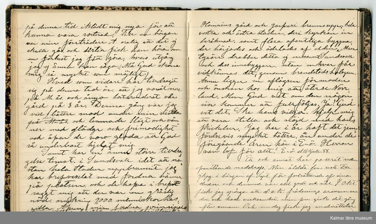 KLM 46431:2. Dagbok. Levnadsteckning. Del 2. Levnadsteckning skriven av garvaren Carl Gustaf Petersson. Nedteckningen började då familjen flyttade från Mönsterås till Eksjö 1884 och fortsatter fram till 1902. Berättelsen omfattar tiden från 1841 då han föddes i Köping, till 1902. Berättelse tar upp vardagliga händelser och bekymmer i en garvares tillvaro. Garveriyrket innebar för hans del att en stor del av tiden var han på resande fot till marknader mm. Han har under en längre tid ekonomiska bekymmer som ökar och blir ohållbart, vilket också leder till att han blir ställd inför rättslig prövning. Han blir dömd till fängelse i två månader för ekonomiska försummelser, fängelsetiden verkställs i Stockholm i fängelset på Långholmen. Även detta beskrivs mycket ingående i dagboken, han avtjänar sitt straff från onsdagen den 14 februari 1894 till lördagen den 14 april 1894.