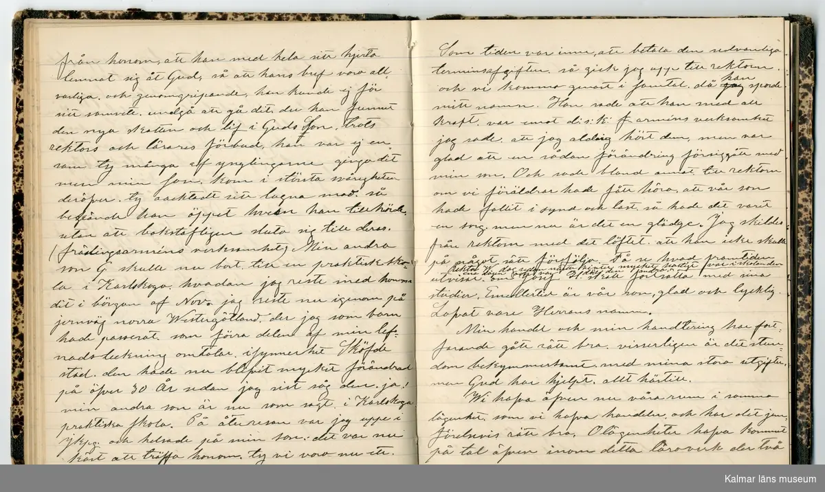 KLM 46431:2. Dagbok. Levnadsteckning. Del 2. Levnadsteckning skriven av garvaren Carl Gustaf Petersson. Nedteckningen började då familjen flyttade från Mönsterås till Eksjö 1884 och fortsatter fram till 1902. Berättelsen omfattar tiden från 1841 då han föddes i Köping, till 1902. Berättelse tar upp vardagliga händelser och bekymmer i en garvares tillvaro. Garveriyrket innebar för hans del att en stor del av tiden var han på resande fot till marknader mm. Han har under en längre tid ekonomiska bekymmer som ökar och blir ohållbart, vilket också leder till att han blir ställd inför rättslig prövning. Han blir dömd till fängelse i två månader för ekonomiska försummelser, fängelsetiden verkställs i Stockholm i fängelset på Långholmen. Även detta beskrivs mycket ingående i dagboken, han avtjänar sitt straff från onsdagen den 14 februari 1894 till lördagen den 14 april 1894.