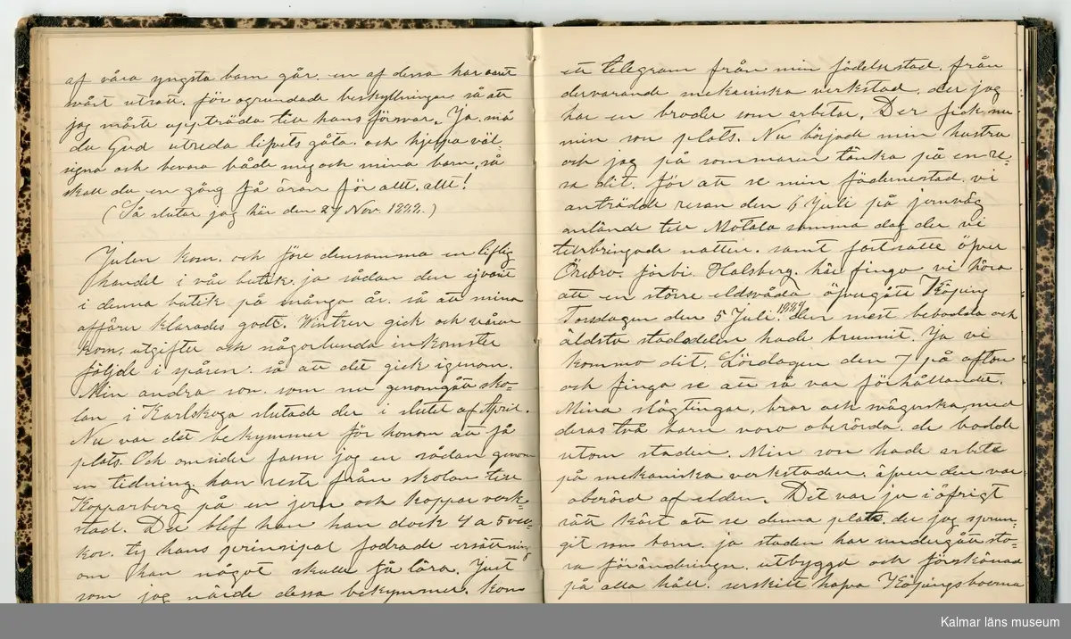 KLM 46431:2. Dagbok. Levnadsteckning. Del 2. Levnadsteckning skriven av garvaren Carl Gustaf Petersson. Nedteckningen började då familjen flyttade från Mönsterås till Eksjö 1884 och fortsatter fram till 1902. Berättelsen omfattar tiden från 1841 då han föddes i Köping, till 1902. Berättelse tar upp vardagliga händelser och bekymmer i en garvares tillvaro. Garveriyrket innebar för hans del att en stor del av tiden var han på resande fot till marknader mm. Han har under en längre tid ekonomiska bekymmer som ökar och blir ohållbart, vilket också leder till att han blir ställd inför rättslig prövning. Han blir dömd till fängelse i två månader för ekonomiska försummelser, fängelsetiden verkställs i Stockholm i fängelset på Långholmen. Även detta beskrivs mycket ingående i dagboken, han avtjänar sitt straff från onsdagen den 14 februari 1894 till lördagen den 14 april 1894.