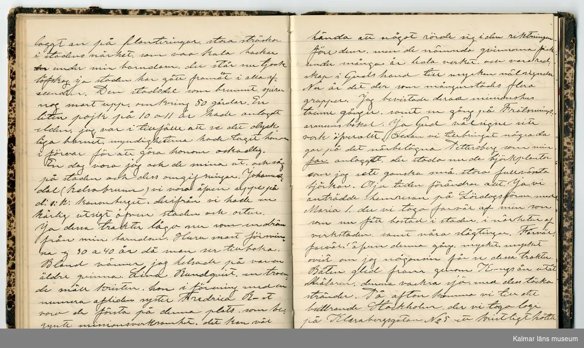 KLM 46431:2. Dagbok. Levnadsteckning. Del 2. Levnadsteckning skriven av garvaren Carl Gustaf Petersson. Nedteckningen började då familjen flyttade från Mönsterås till Eksjö 1884 och fortsatter fram till 1902. Berättelsen omfattar tiden från 1841 då han föddes i Köping, till 1902. Berättelse tar upp vardagliga händelser och bekymmer i en garvares tillvaro. Garveriyrket innebar för hans del att en stor del av tiden var han på resande fot till marknader mm. Han har under en längre tid ekonomiska bekymmer som ökar och blir ohållbart, vilket också leder till att han blir ställd inför rättslig prövning. Han blir dömd till fängelse i två månader för ekonomiska försummelser, fängelsetiden verkställs i Stockholm i fängelset på Långholmen. Även detta beskrivs mycket ingående i dagboken, han avtjänar sitt straff från onsdagen den 14 februari 1894 till lördagen den 14 april 1894.